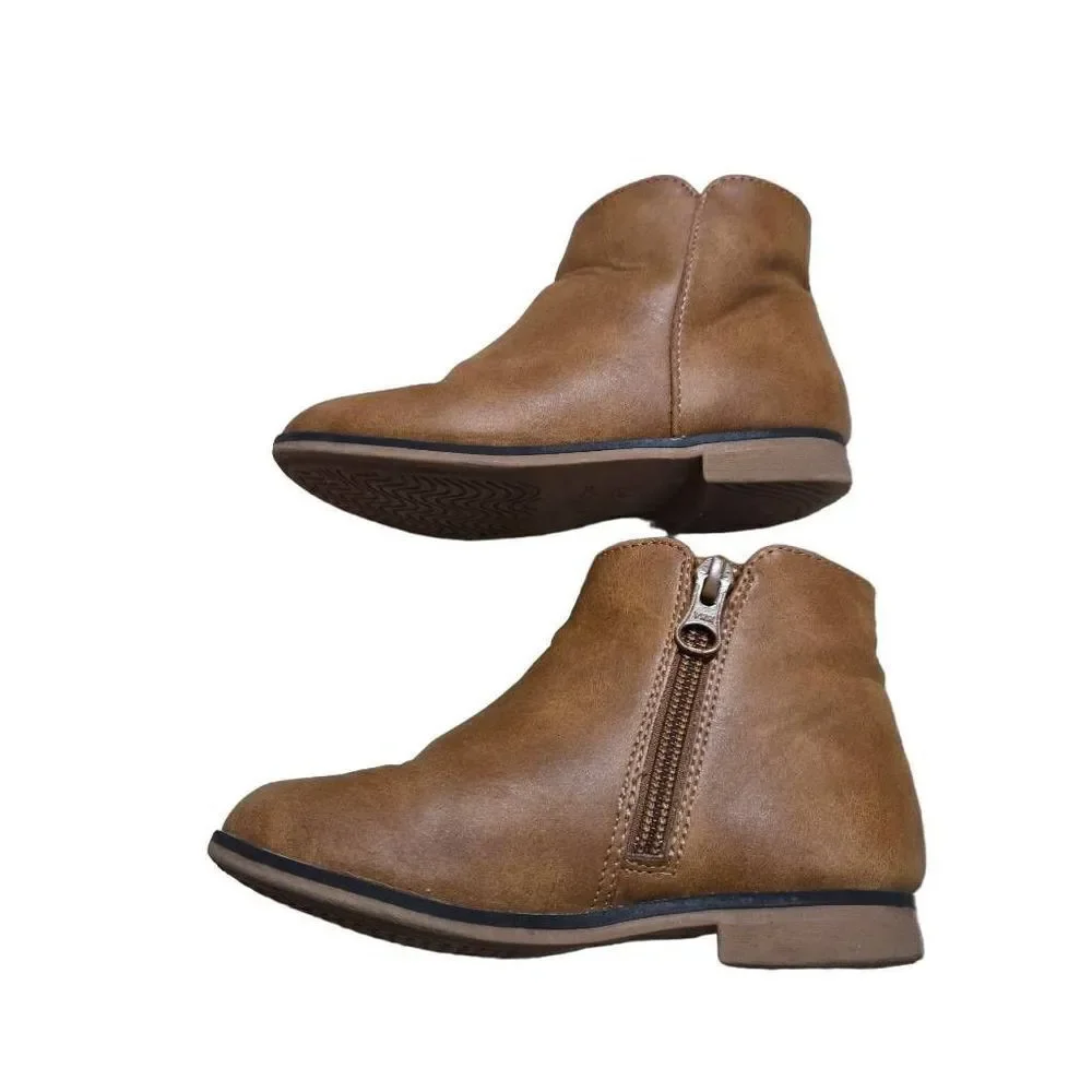 Cat & Jack Girls Size 10 Brown Cognac Zip-Up Ankle Boots Faux Leather